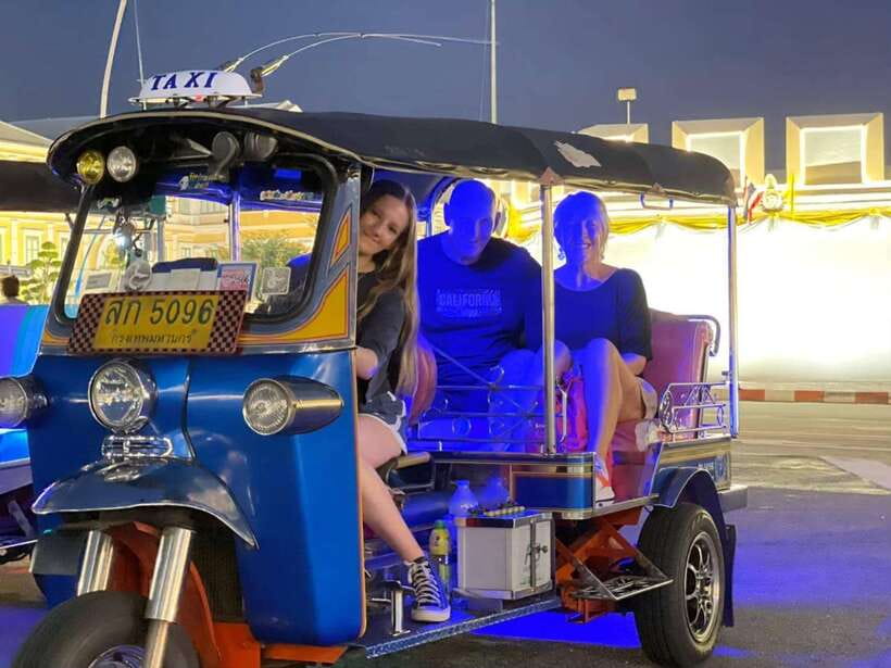 Bangkok Tuk-Tuk by Night with Chinatown Street Food Meal - Wat Arun with its lights on